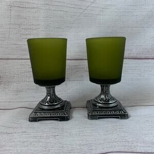 Green Frosted Glass Votive Candle Holders Set of 2 Square Metal Base 4 3/8"